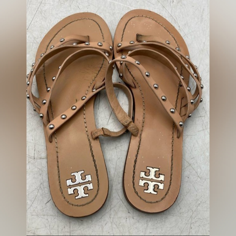 Tory Burch Designer Patos Tan Studded Strappy Calf Leather Thong Sandals 9.5 - Picture 3 of 8